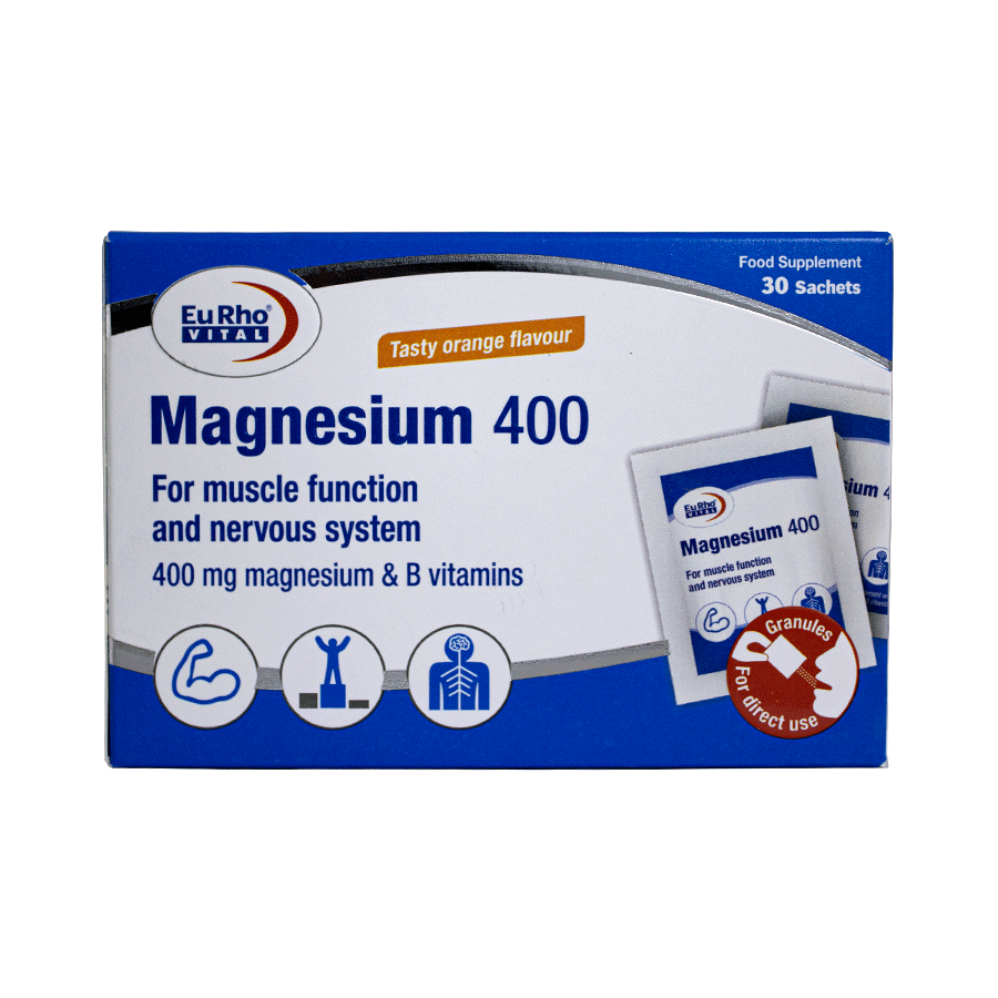 EuRhoVital-Magnesium-400mg-Sachet1.png ساشه منیزیم 400 یوروویتال با طعم پرتقال (30 عدد) - تصویر 1