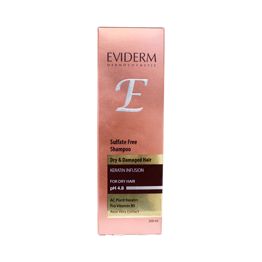Eviderm-Dry-Damaged-Hair-Sulfate-Free-Shampoo3.png شامپو کراتینه فاقد سولفات اویدرم مناسب مو خشک و آسیب دیده (200 میل) - تصویر 1