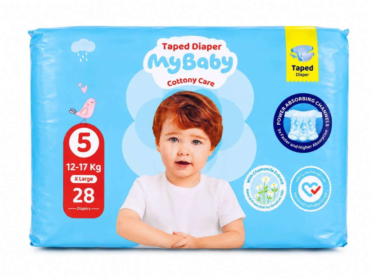 file_00000000858471fbbda39d84a46fa348 پوشک مای بیبی چسبی سایز 5 کانال دار(28 عددی) My baby - تصویر 1
