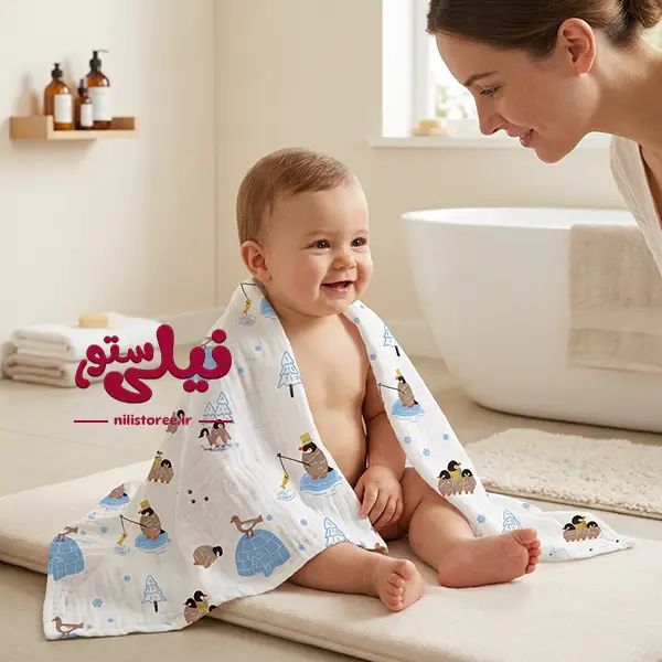 khoshkonj-nozad-pangoan.webp خشک کن دورپیچ موسیلین نوزاد طرح پنگوئن برند بیبی فورلایف Baby4life - تصویر 1